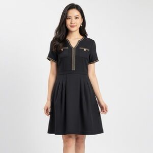 Tahari Black Boucle Look Gold Trim Tweed Fit and Flare LBD Dress Size 4